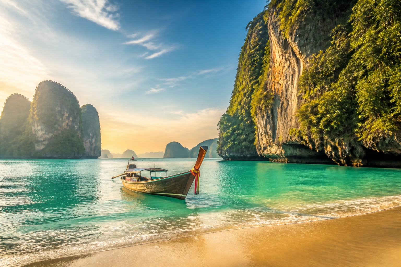 Longtail boat near limestone cliffs in Thailand